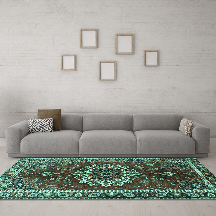 Machine Washable Medallion Turquoise Traditional Area Rugs in a Living Room,, wshtr4010turq