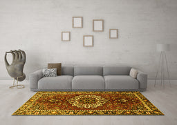 Machine Washable Medallion Yellow Traditional Rug in a Living Room, wshtr4010yw