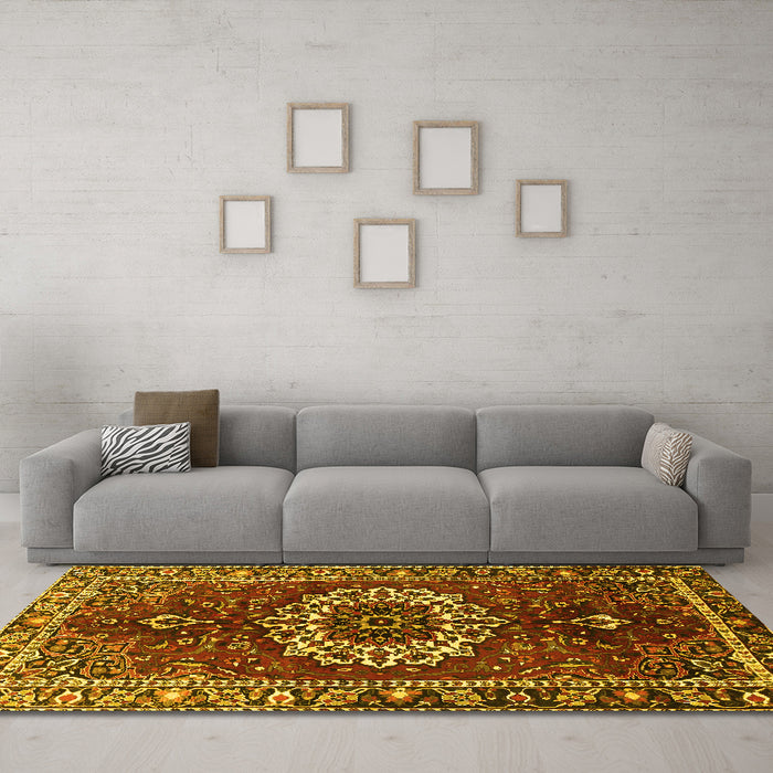 Machine Washable Medallion Yellow Traditional Rug in a Living Room, wshtr4010yw