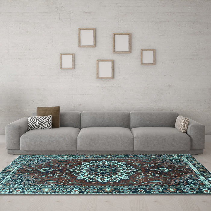 Machine Washable Medallion Light Blue Traditional Rug in a Living Room, wshtr4010lblu