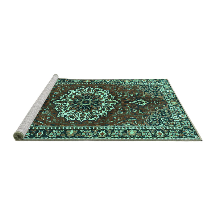 Sideview of Machine Washable Medallion Turquoise Traditional Area Rugs, wshtr4010turq