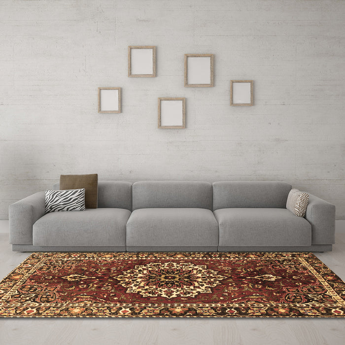 Machine Washable Medallion Brown Traditional Rug in a Living Room,, wshtr4010brn