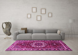 Machine Washable Medallion Pink Traditional Rug in a Living Room, wshtr4010pnk