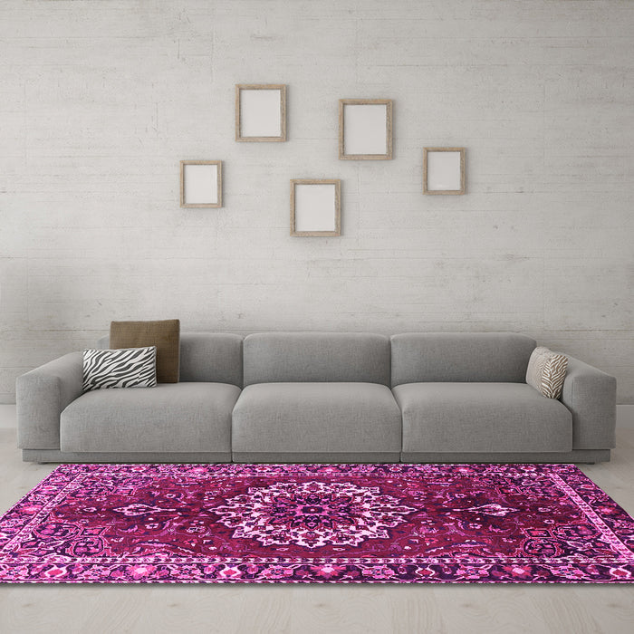 Machine Washable Medallion Pink Traditional Rug in a Living Room, wshtr4010pnk