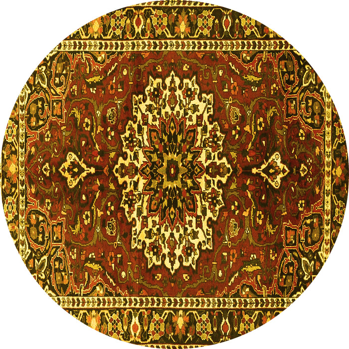 Round Machine Washable Medallion Yellow Traditional Rug, wshtr4010yw