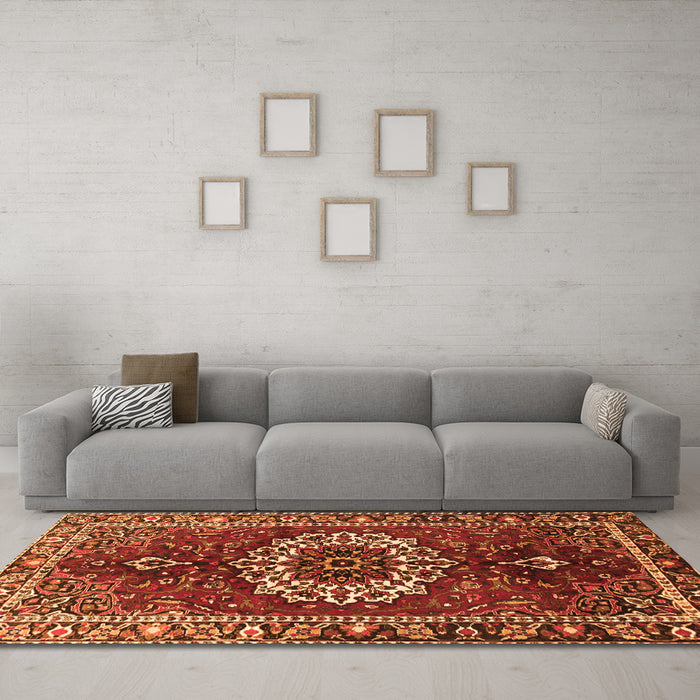 Machine Washable Medallion Orange Traditional Area Rugs in a Living Room, wshtr4010org