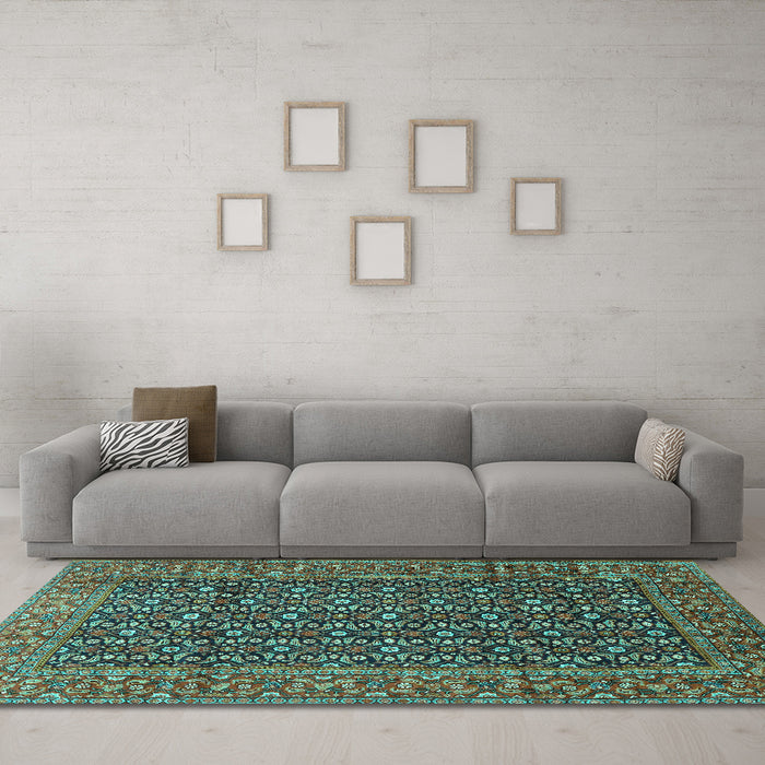 Machine Washable Persian Turquoise Traditional Area Rugs in a Living Room,, wshtr4011turq