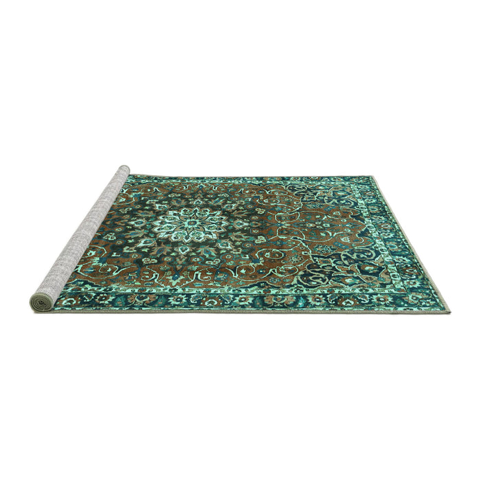 Sideview of Machine Washable Medallion Turquoise Traditional Area Rugs, wshtr4012turq