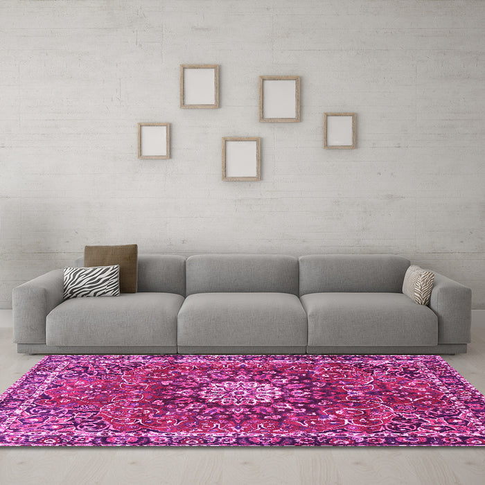 Machine Washable Medallion Pink Traditional Rug in a Living Room, wshtr4012pnk
