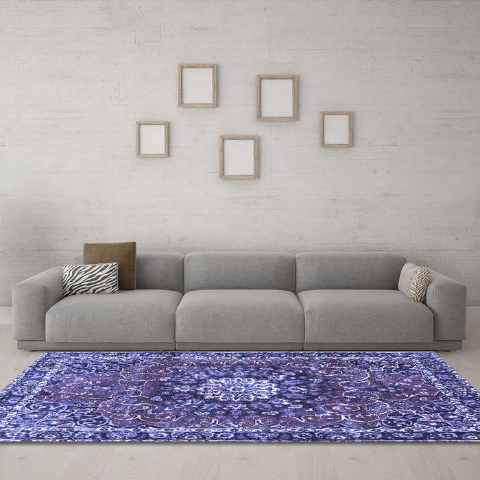 Machine Washable Medallion Blue Traditional Rug in a Living Room, wshtr4012blu