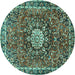 Round Machine Washable Medallion Turquoise Traditional Area Rugs, wshtr4012turq