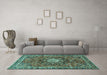 Machine Washable Medallion Turquoise Traditional Area Rugs in a Living Room,, wshtr4012turq