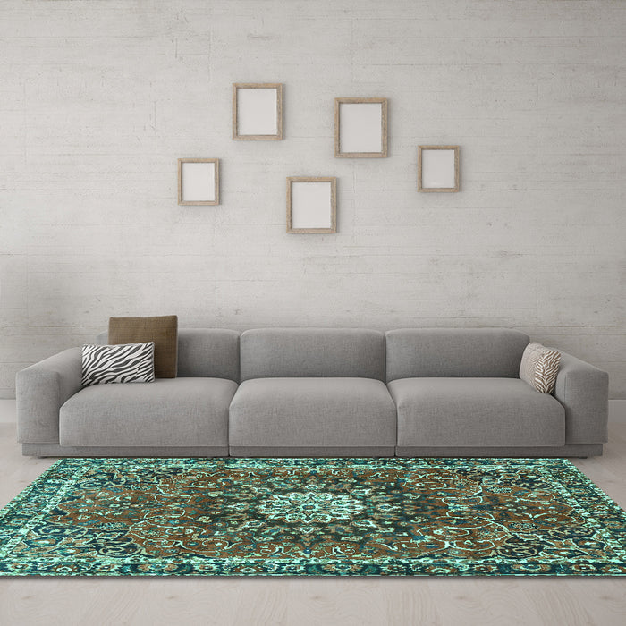 Machine Washable Medallion Turquoise Traditional Area Rugs in a Living Room,, wshtr4012turq