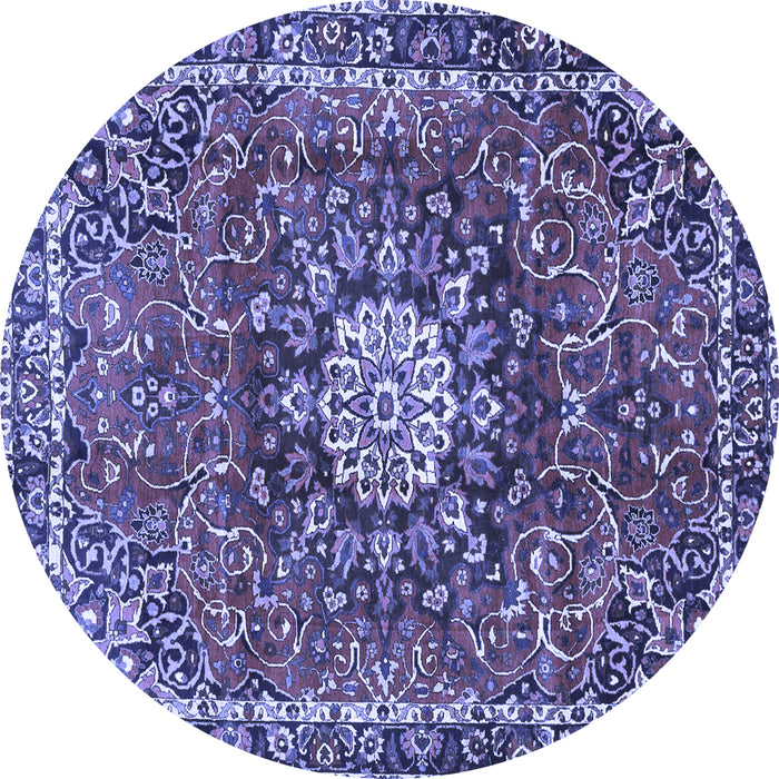 Round Machine Washable Medallion Blue Traditional Rug, wshtr4012blu