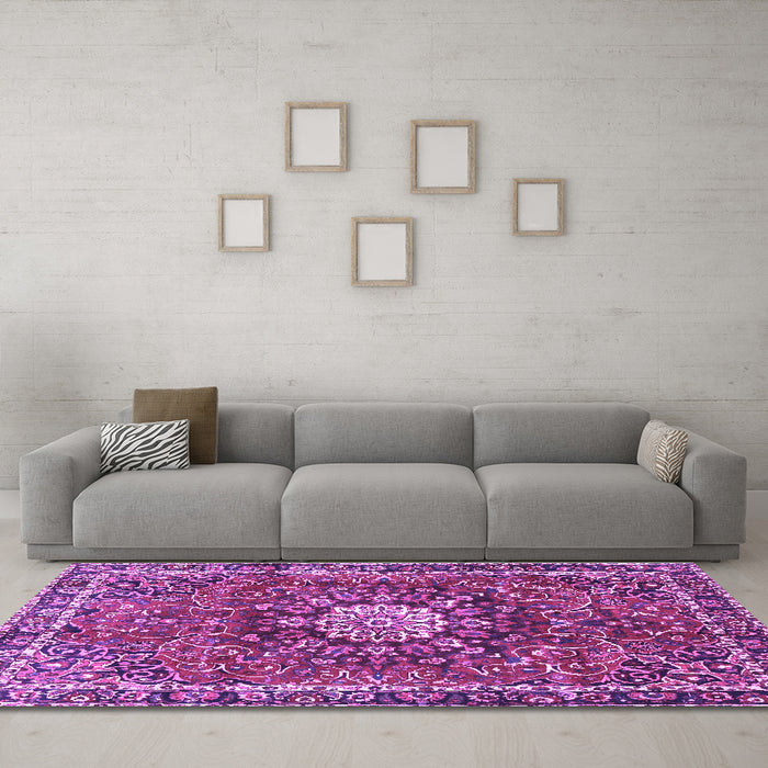 Machine Washable Medallion Purple Traditional Area Rugs in a Living Room, wshtr4012pur