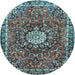 Round Machine Washable Medallion Light Blue Traditional Rug, wshtr4012lblu