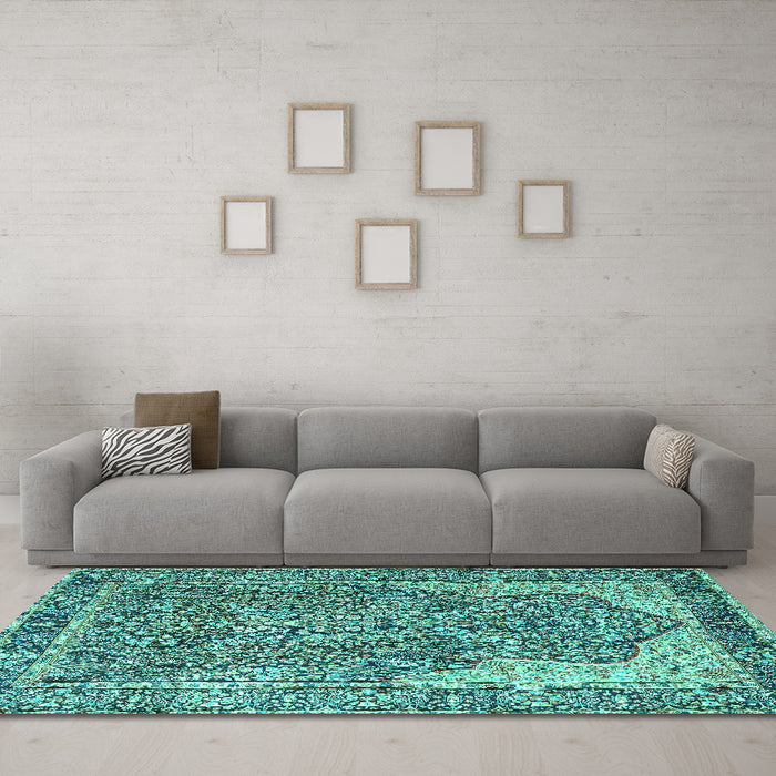 Machine Washable Persian Turquoise Traditional Area Rugs in a Living Room,, wshtr4014turq
