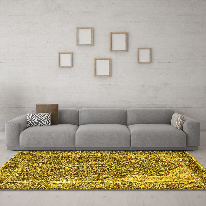 Machine Washable Persian Yellow Traditional Rug in a Living Room, wshtr4014yw