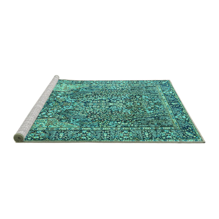 Sideview of Machine Washable Persian Turquoise Traditional Area Rugs, wshtr4014turq