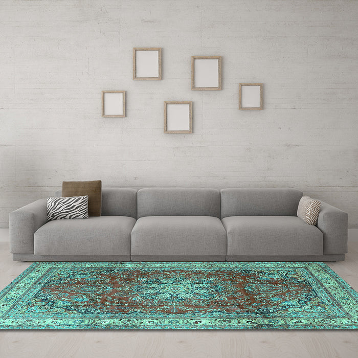 Machine Washable Persian Turquoise Traditional Area Rugs in a Living Room,, wshtr4015turq