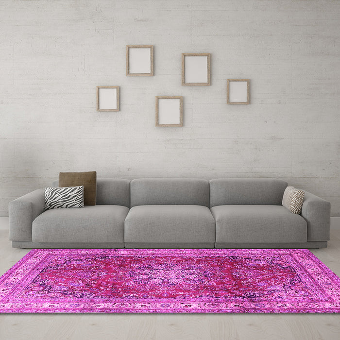 Machine Washable Persian Pink Traditional Rug in a Living Room, wshtr4015pnk