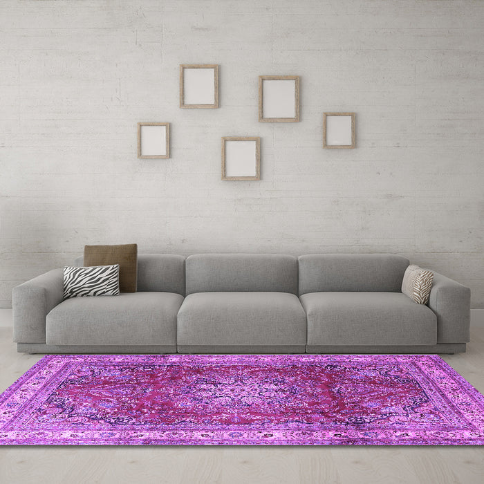 Machine Washable Persian Purple Traditional Area Rugs in a Living Room, wshtr4015pur