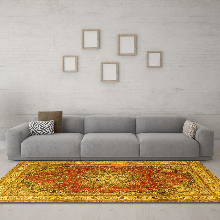 Machine Washable Persian Yellow Traditional Rug in a Living Room, wshtr4015yw