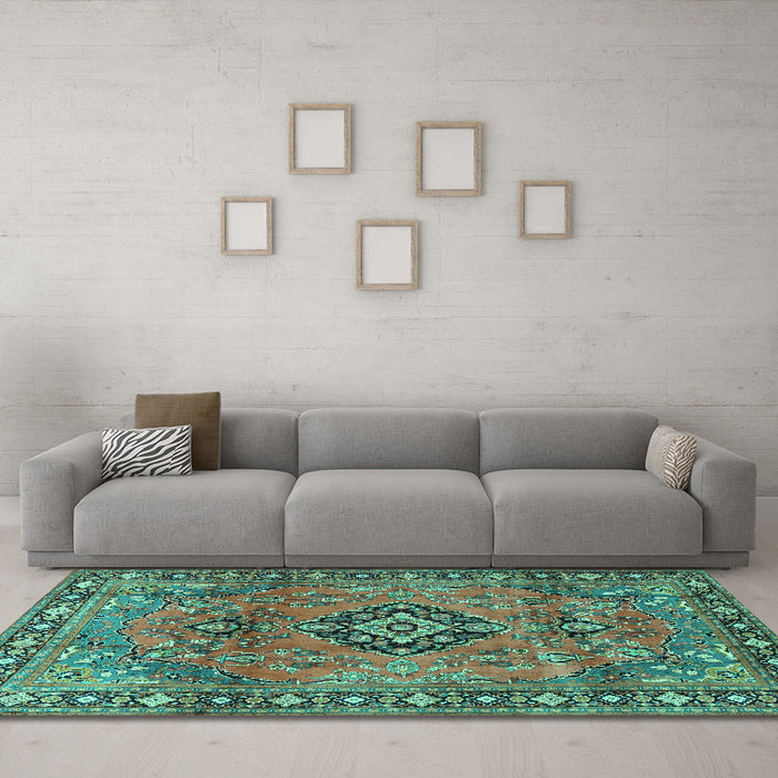 Machine Washable Persian Turquoise Traditional Area Rugs in a Living Room,, wshtr4016turq