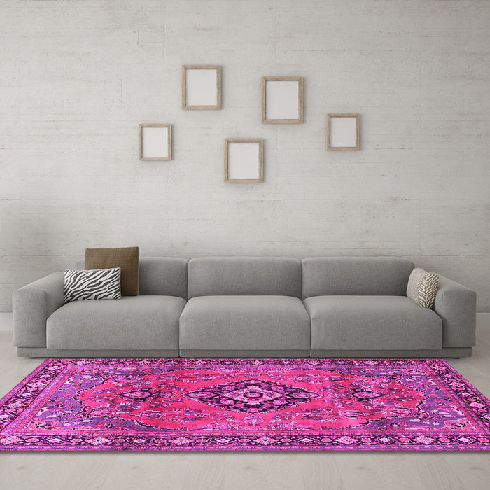 Machine Washable Persian Pink Traditional Rug in a Living Room, wshtr4016pnk