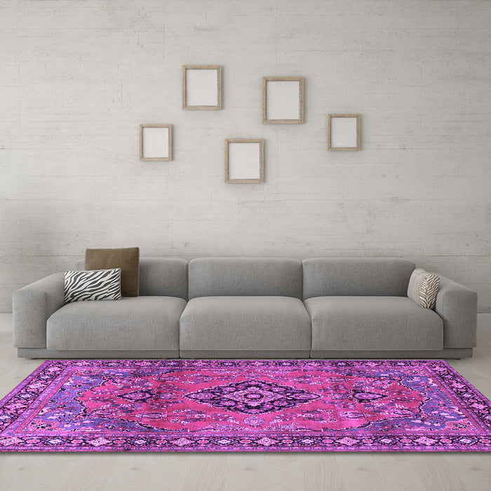 Machine Washable Persian Purple Traditional Area Rugs in a Living Room, wshtr4016pur