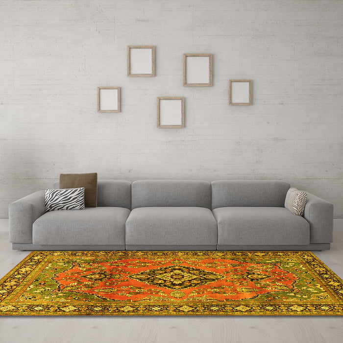 Machine Washable Persian Yellow Traditional Rug in a Living Room, wshtr4016yw