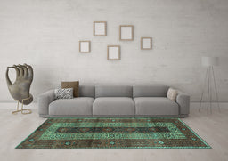 Machine Washable Persian Turquoise Traditional Area Rugs in a Living Room,, wshtr4017turq