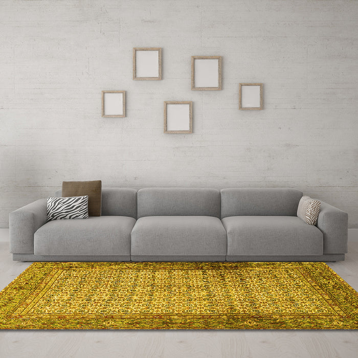 Machine Washable Persian Yellow Traditional Rug in a Living Room, wshtr4018yw
