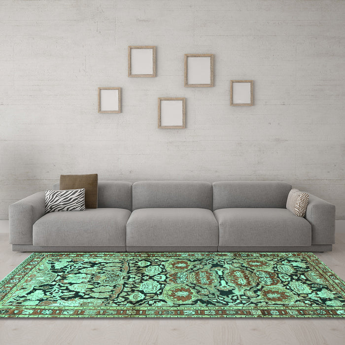 Machine Washable Persian Turquoise Traditional Area Rugs in a Living Room,, wshtr4019turq