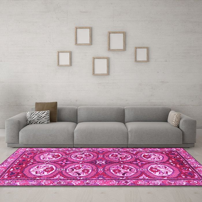 Machine Washable Persian Pink Traditional Rug in a Living Room, wshtr4020pnk