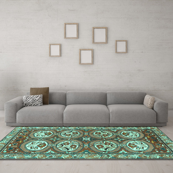 Machine Washable Persian Turquoise Traditional Area Rugs in a Living Room,, wshtr4020turq