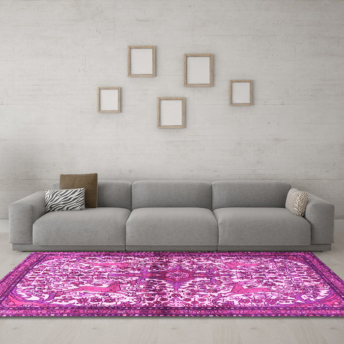 Machine Washable Persian Pink Traditional Rug in a Living Room, wshtr4021pnk