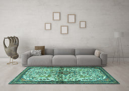 Machine Washable Persian Turquoise Traditional Area Rugs in a Living Room,, wshtr4021turq