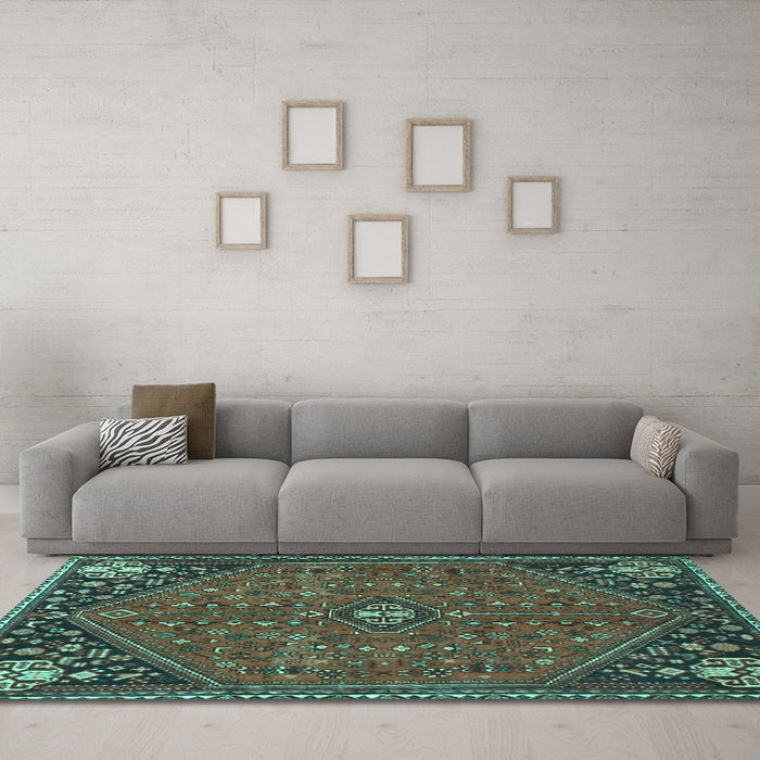 Machine Washable Persian Turquoise Traditional Area Rugs in a Living Room,, wshtr4022turq
