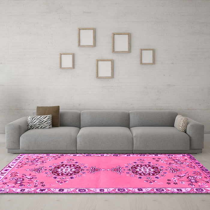 Machine Washable Persian Pink Traditional Rug in a Living Room, wshtr4023pnk