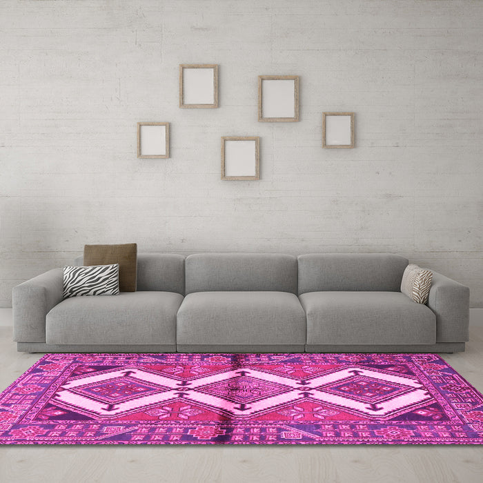 Machine Washable Persian Pink Traditional Rug in a Living Room, wshtr4028pnk