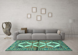 Machine Washable Persian Turquoise Traditional Area Rugs in a Living Room,, wshtr4028turq