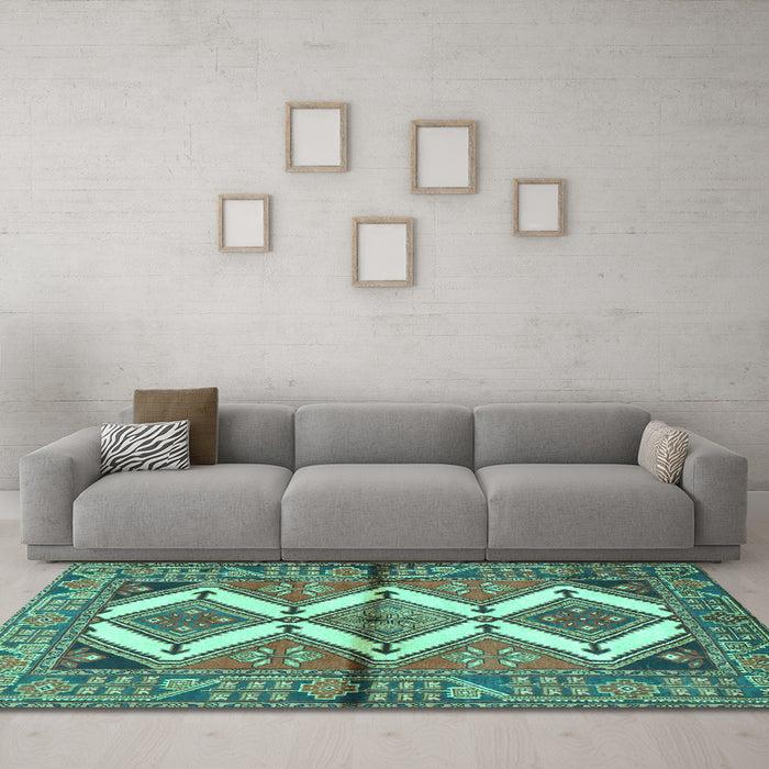 Machine Washable Persian Turquoise Traditional Area Rugs in a Living Room,, wshtr4028turq