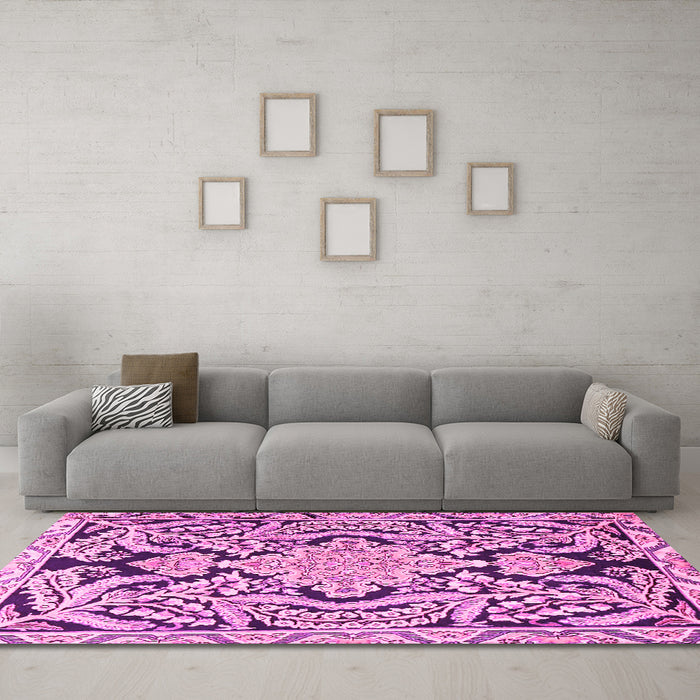 Machine Washable Persian Pink Traditional Rug in a Living Room, wshtr4029pnk