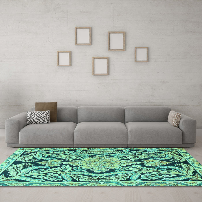 Machine Washable Persian Turquoise Traditional Area Rugs in a Living Room,, wshtr4029turq