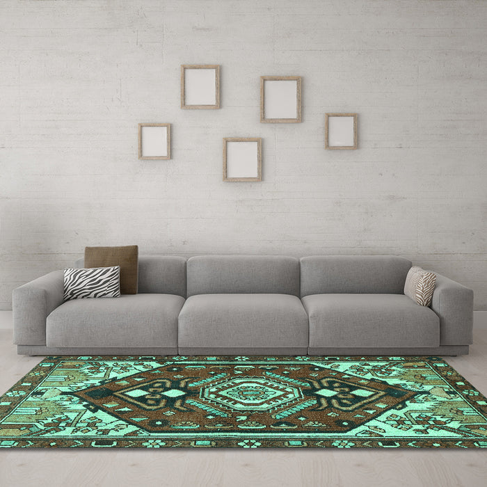 Machine Washable Persian Turquoise Traditional Area Rugs in a Living Room,, wshtr402turq