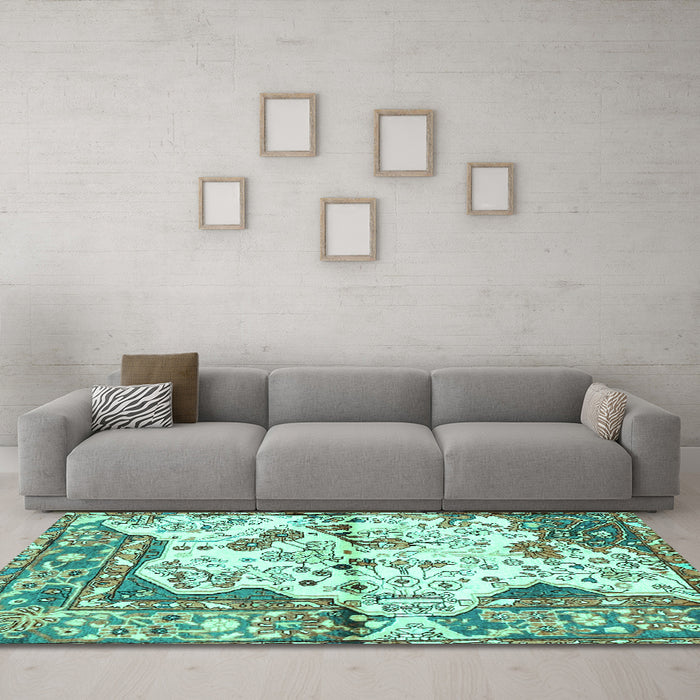 Machine Washable Persian Turquoise Traditional Area Rugs in a Living Room,, wshtr4030turq