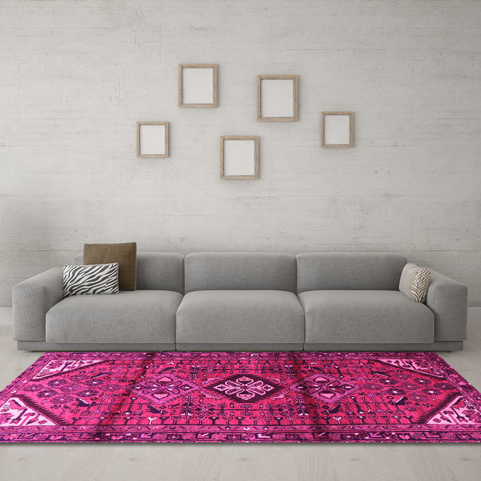 Machine Washable Persian Pink Traditional Rug in a Living Room, wshtr4031pnk
