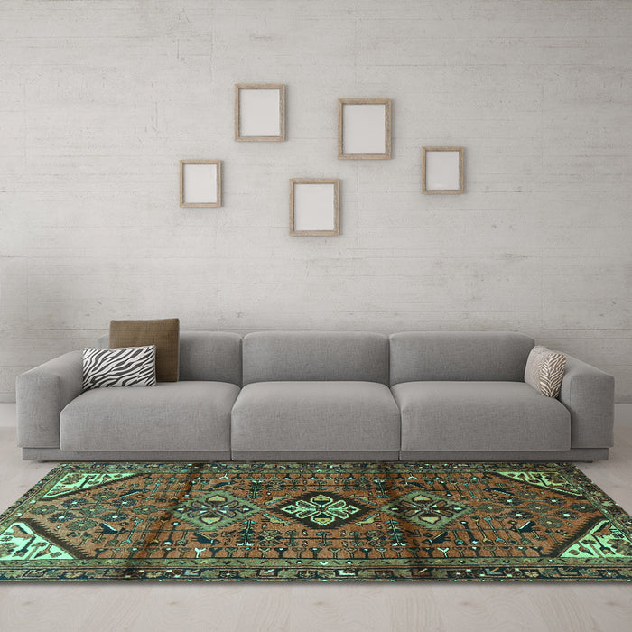 Machine Washable Persian Turquoise Traditional Area Rugs in a Living Room,, wshtr4031turq