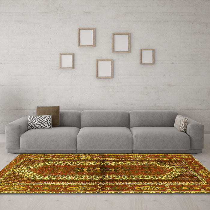 Machine Washable Persian Yellow Traditional Rug in a Living Room, wshtr4032yw